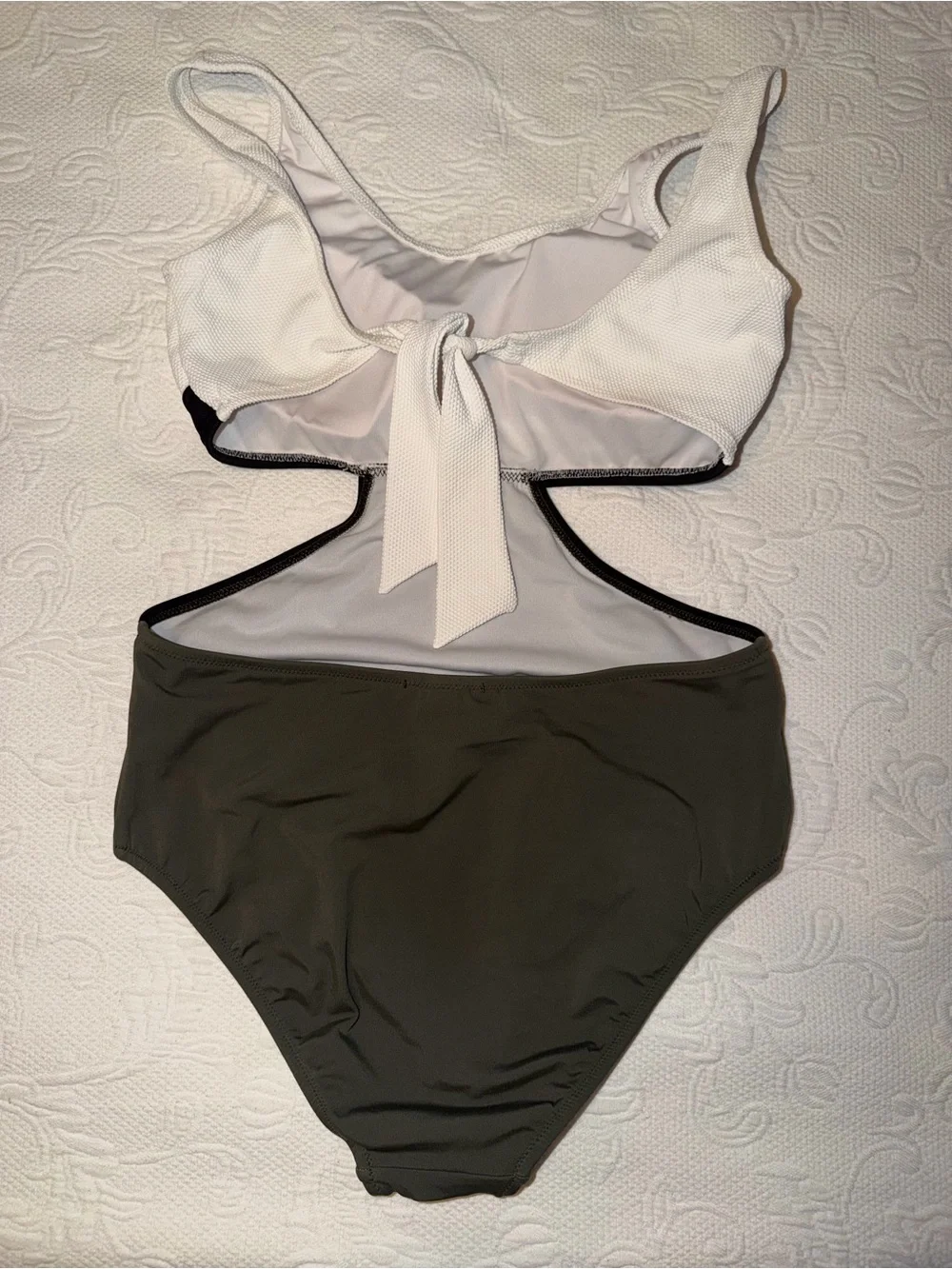 Girls' Two-Tone Cutout One-Piece Swimsuit - White, Olive & Black